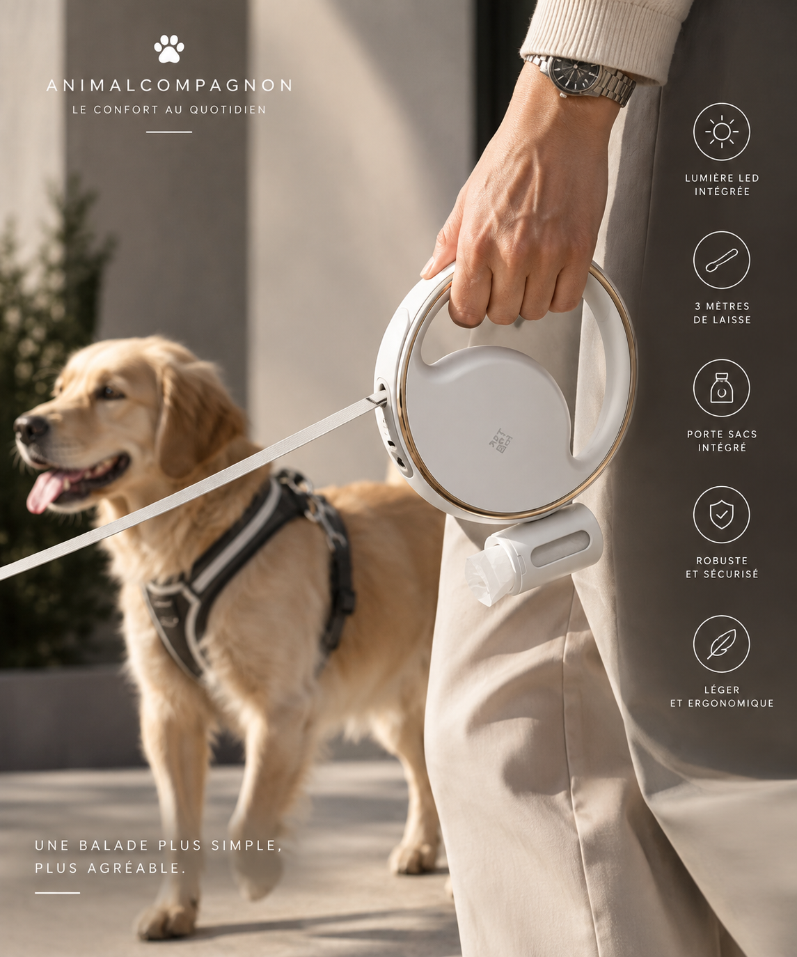 Laisse rétractable avec Lumière et support a déjection intégré